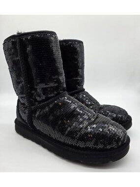 UGG Women's Boots Size 6 Black Short Sequin Sparkle Wool Lined Flat Eva Shoes